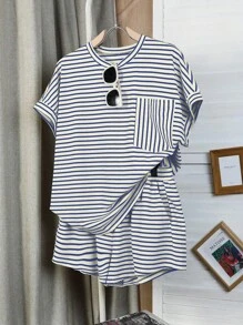 SHEIN 2pcs Plus Size Women Striped Short Sleeve Pocket T-Shirt And Shorts Casual Set - Blue and White - View 1