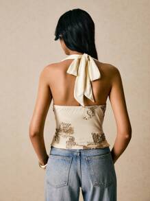 Poéselle Women's Elegant Jacquard Backless Halter Neck Blouse, Summer,Off The Shoulder Top - Khaki - View 3