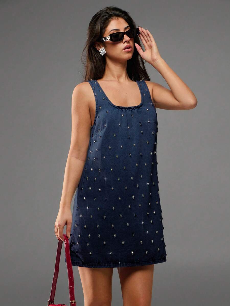 Avantive New Summer Women's Round Neck Sleeveless A-Line Rhinestone Decorated Denim Mini Dress - Navy Blue - View 1