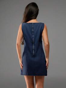 Avantive New Summer Women's Round Neck Sleeveless A-Line Rhinestone Decorated Denim Mini Dress - Navy Blue - View 2