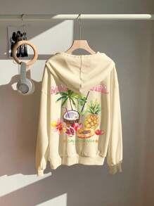 SHEIN EZwear 休闲简约热带水果印花连帽长袖宽松运动衫，适合女士秋冬 - 杏色 - 查看 4