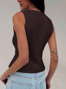 Aloruh Elegant V-Neck Solid Minimalist Autumn/Winter Knitted Vest With Modern Metal Buttons - Coffee Brown - View 2