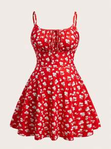 SHEIN EZwear Váy ôm sát bodycon mini dệt kim màu đỏ gợi cảm có dây đeo mảnh, mùa hè - Đỏ - Xem 1