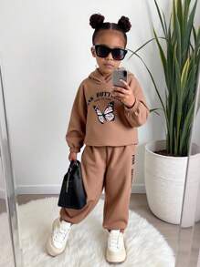 SHEIN Toddler Girls Slogan & Butterfly Print Drop Shoulder Hoodie & Joggers - Brown - View 1