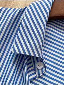 Airaco 女式条纹长袖单排扣衬衫和短裤休闲两件套 - 彩色 - 查看 5