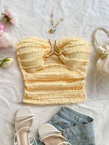 Soleia 女士度假淡黄色针织纹理短款紧身胸衣上衣，镂空心形金属扣装饰，修身剪裁，适合派对、约会、下午茶、海滩、音乐节、波西米亚风、波西米亚风、浪漫花卉 - 黃色 - 查看 3