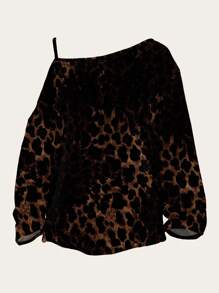 EMERY ROSE Casual Minimalist Full Print Leopard Pattern & Red Lip Asymmetrical Collar Plus Size T-Shirt, Spring And Autumn - Multicolor - View 2