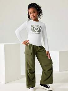 JNSQ Tween Girls 2pcs Outfit Set, Long Sleeve T-Shirt With Graphic Print And Relaxed Fit Cargo Pants, Suitable For Autumn/Winter Daily Wear, Outdoor Activities, Vacation, Streetwear, Party And Casual - Multicolor - View 1