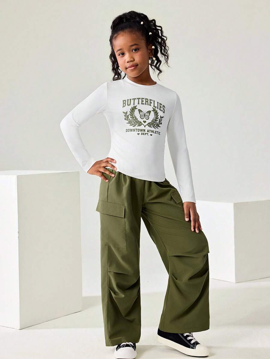 JNSQ Tween Girls 2pcs Outfit Set, Long Sleeve T-Shirt With Graphic Print And Relaxed Fit Cargo Pants, Suitable For Autumn/Winter Daily Wear, Outdoor Activities, Vacation, Streetwear, Party And Casual - Multicolor - View 1