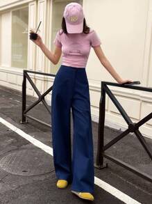 Chiquease Navy Wide Leg Pants, Minimalist Design, Fashion Versatile Fall Cloth For Women - Navy Blue - View 4