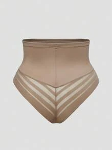 SHAPORA Plus Size Women's Minimalist Solid Color High Neck Patchwork Sheer Striped Shapewear Bottom - Khaki - View 2
