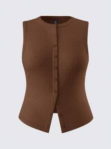 SHEIN BASICS 大码纯色针织修身背心 - 棕色 - 查看 1