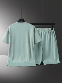 Vacaura 2 piezas Outfit casual para adolescentes varones, camiseta de cuello redondo con gráfico inglés con estampado de moda y estilo con diseño lateral curvo, pantalones cortos con etiqueta simple y bajo curvilíneo, adecuado para verano y otoño - Verde - Ver 2