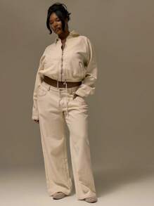 MUSERA 加大码米色水洗对比缝线阔腿牛仔裤可爱夏日假期优雅浪漫曲线农舍秋季