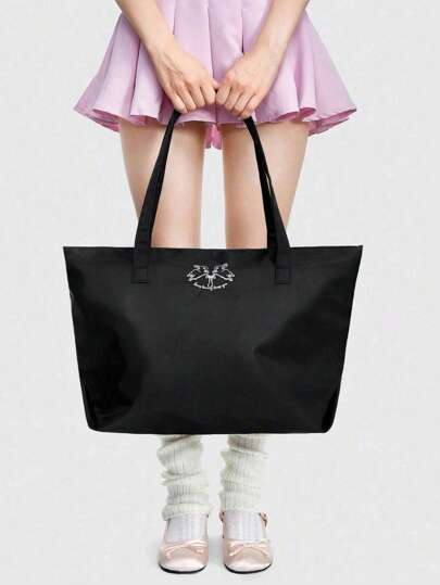 Kawaii Bolso de hombro de gran capacidad con diseño bordado de conejo de Pascua, versátil y de moda, hecho de tela Oxford