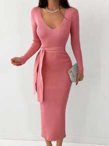 EURMUSE Women's Autumn Simple Solid Color Keyhole Neck Bodycon Belted Sweater Dress - Coral Pink - View 3