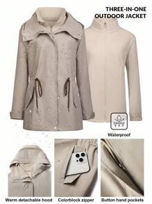 LYSMO 大码三合一户外防风外套，带可拆卸保暖内衬，收腰设计，休闲风格女式防水夹克，女士三合一外套，功能性休闲夹克，秋冬季 - 米色 - 查看 9