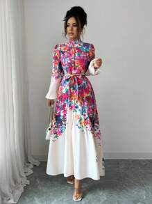 Selianne 女式休闲时尚印花收腰长袖连衣裙 - 彩色 - 查看 6