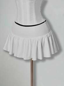 SHEIN ICON Going Out White Solid Color Tight Bandeau Top And Pleated Mini Skirt Casual 2 Pieces Set - White - View 9
