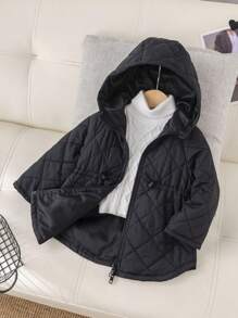 Baby Girl Raglan Sleeve Zip Front Drawstring Waist Hooded Casual Padded Coat,In Fall/Winter