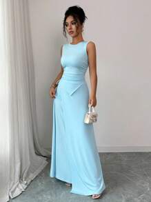 Elenzga Elegantes und schickes Sommer-Strick-Set in hellblau bestehend aus ärmelloser Rippbluse mit geraffter Taille und Bindegürtel sowie asymmetrischem A-Linien-Maxirock, figurbetontes 2-teiliges Set - Blau - Übersicht 5