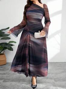 Modelyn Dress asimmetrico a scollo a girocollo con elegante effetto Tintura a nodi per taglie forti - Blu Navy - Visualizzare 1