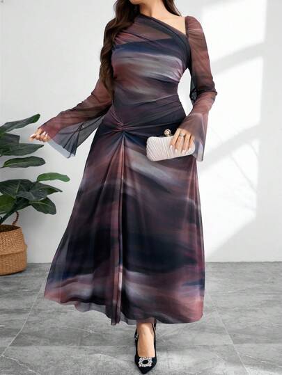 Modelyn Plus Size Elegant Commuter Tie-Dye Asymmetric Neck Twist Dress