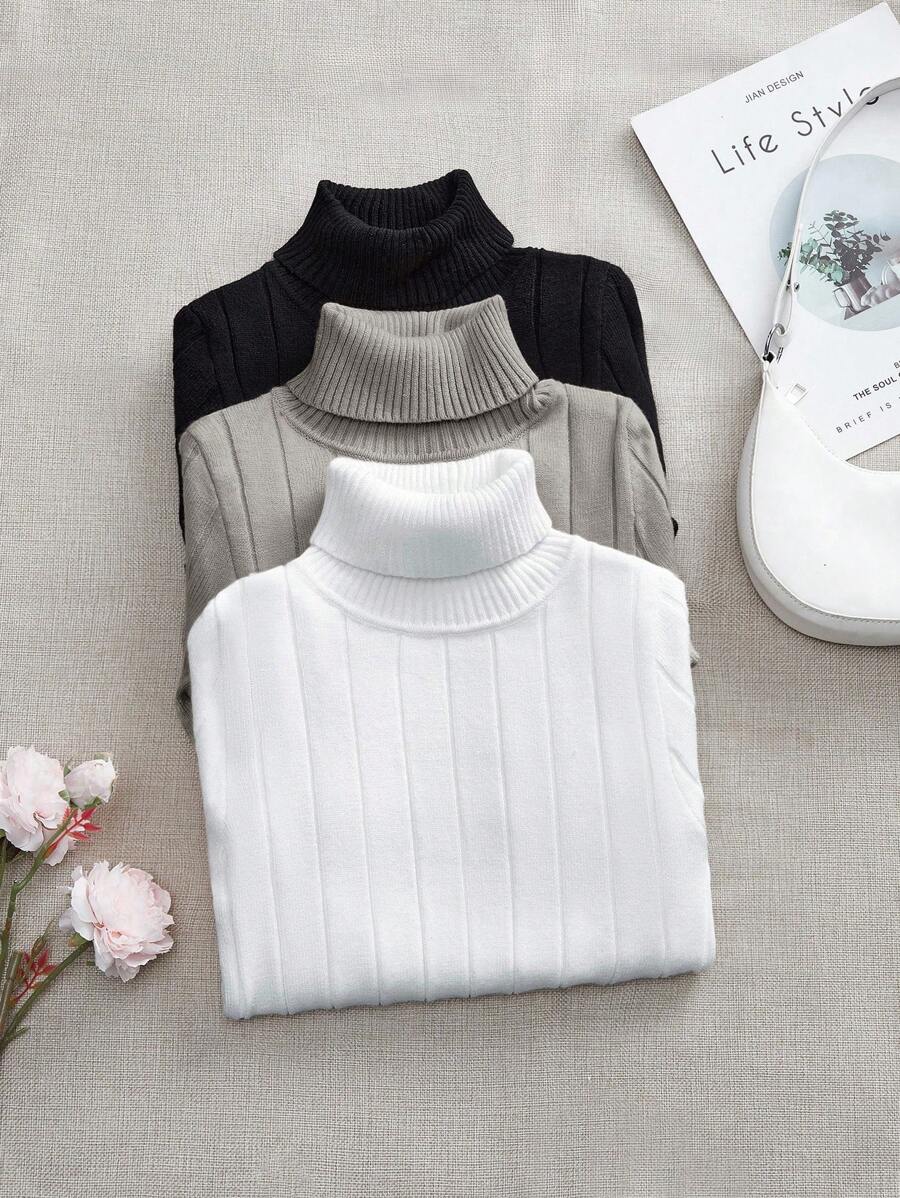 SHEIN LUNE 3pcs Women's All-Match Classic Versatile Pullover Warm Casual Sweaters, Autumn/Winter Turtleneck Sweater Women Women Turtleneck Tops Winter Sweaters For Women High Neck Sweaters Ribbed Turtleneck Sweater Petite In Woman Clothing Airport For Women Fall Sweaters Fall Tops Women Autumn Cute Tops For Women - Grey - View 1