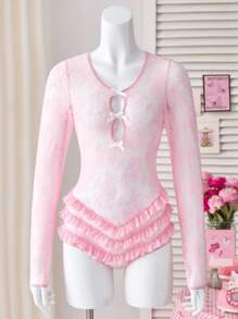 SHEIN Pink Lace Patchwork Ruffle Layered Design Butt-Lifting Sexy Cute Juicy Sweety Sheer Bodysuit For Women - Pink - View 6