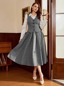 Vintamour Conjunto de traje de mujer vintage clásico y elegante con Top tipo chaleco, falda acampanada con bolsillos - Gris - Ver 6