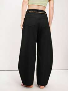 Arave 女士休闲时尚街头撞色系带复古筒裤，阔腿裤，超大款长裤，宽松长裤，流苏裤，灯笼裤，秋季女装，秋季穿搭，女士秋季休闲装，春季穿搭 - 黑色 - 查看 2