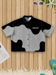 Manfinity Chillmode 男士夏季休闲美式街头风格拼布条纹字母印花短袖衬衫 - 彩色 - 查看 4