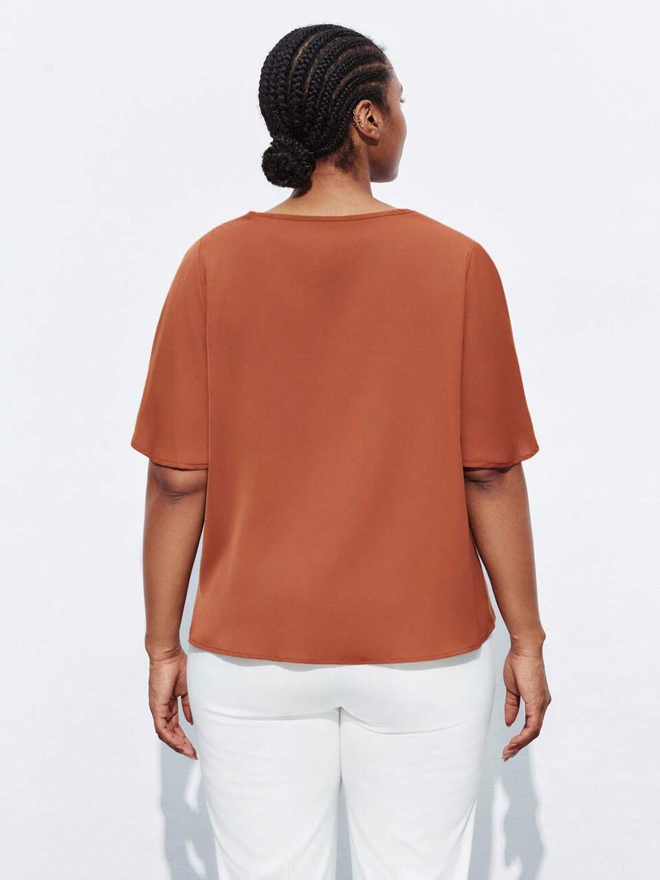 SHEIN Maija Plus Size Women's Solid Color Ruffled Collar Short Sleeve Loose Blouse, Urban Business Casual Office Wear, Teacher Shirt, Study, Autumn,Fall