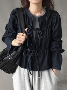 FRIFUL 女式荷叶边系带休闲牛仔衬衫 - 黑色 - 查看 1