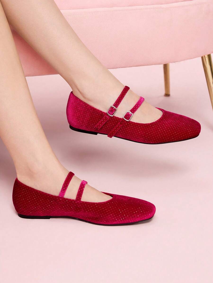 CUCCOO DOLLMOD New Arrival Women Flats With Rhinestone Dual Buckle Chic Ballerina Style Shoes, Red - Red - View 1