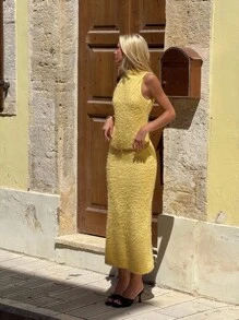 SHEIN ICON Fall Women's Going Out Yellow Solid Color Stand Collar Fitted Long Sleeveless Dress - Yellow - View 4