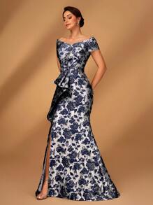 Serin Elegant Luxury Jacquard Off Shoulder Bowknot Slit Fishtail Dress, Suitable For Weddings, Events, Parties, Vacations, Prom, Mother Of The Bride Outfit - Navy Blue - View 5