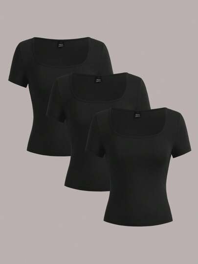 SHEIN EZwear 3pcs Women's Short Sleeve Cropped Casual Fitted T-Shirts, Suitable For Summer Suitable For Going Out