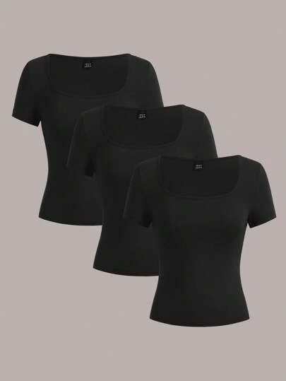 SHEIN EZwear 3 件女士短袖短款休闲修身 T 恤，适合夏季