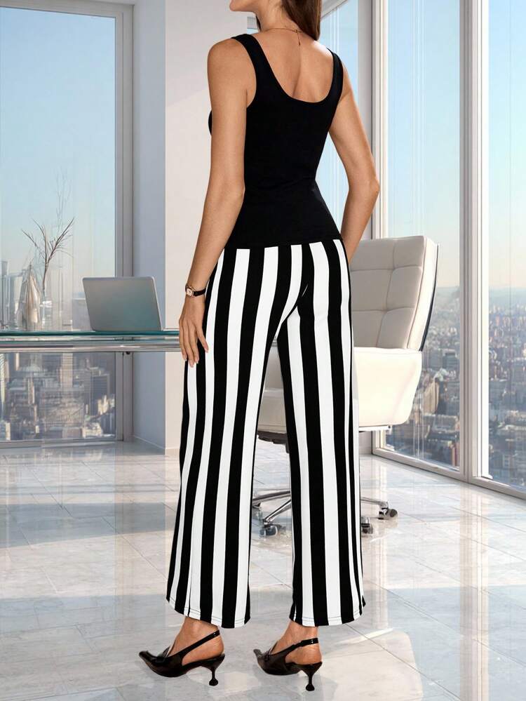 Solid Tank Top & Striped Belted Wide Leg Pants