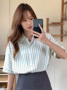 DAZY Vertical Stripe Batwing Sleeve Shirt - White - View 6