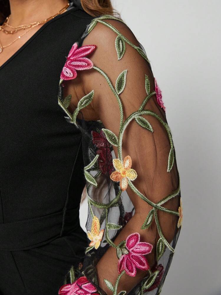 Floral Embroidery Mesh Lantern Sleeve Belted Romper