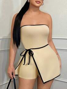 SHEIN SXY 女士商务休闲撞色侧系腰连体裤裙 - 杏色 - 查看 5