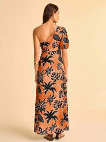 CAJUNI 女士棕榈树印花无袖泡泡袖长裙，度假风