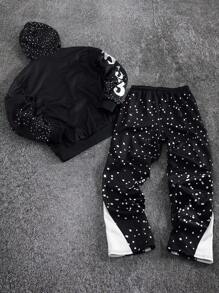 PAVTROS Manfinity Streetrush Men's Letter Print Long Sleeve Zip Front Hoodie And Sweatpants Casual Tracksuit Set Men Streetwear Set Men Graphic Tracksuit Men Black And White Tracksuit Zip Up Hoodie And Jogger Set Men 2 Pieces Set,Fall Clothes