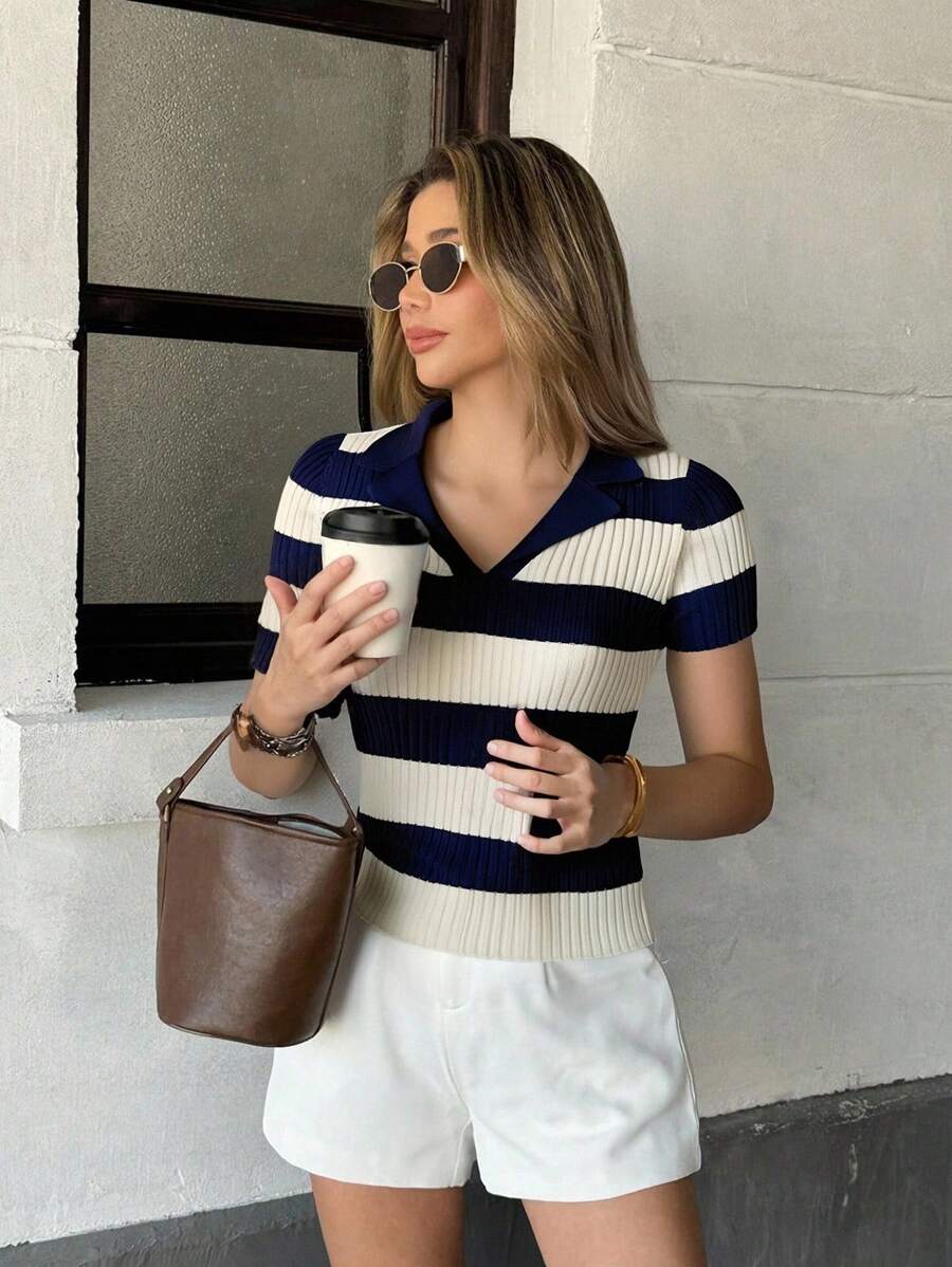 Pariaura Maglia a maniche corte stile francese da strada, a righe colorate, con colletto tipo polo - Blu reale - Visualizzare 1