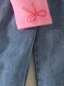 Genkimix Kids Girls' Casual Cute Round Neck Raglan Sleeve Loose Cropped Butterfly Print T-Shirt And Elastic Waist Straight Loose Jeans Pants With 3D Bow Design, Back To School Outfit, All Season Fall Winter - Pink - View 7