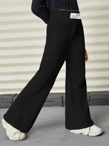 SHEIN Young Girl Letter Patched Detail High Waist Casual Wide Leg Baggy Sweatpants,Comfortable Simple Loose Fit Wide-Leg Pants,Great For Casual & Daily Wear & School Daily Autumn & Winter, Girls Black Sweatpants. Girls Loose Pants Fall - Black - View 3