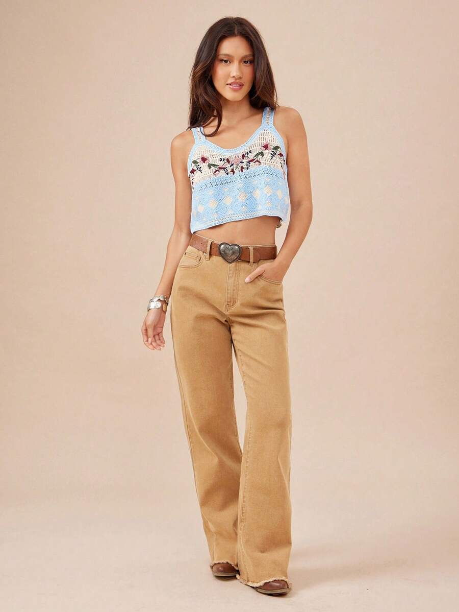 WESTFADE Floral Embroidered Cropped Crochet Knit Tank Top Summer Beach Vacation Western Tank Top