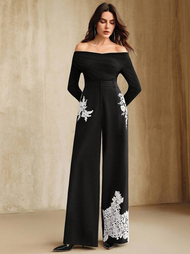 Black & White Contrast Elegant Office Commute Fashion Versatile Patchwork Lace High Waist Slimming Straight Leg Women Pants